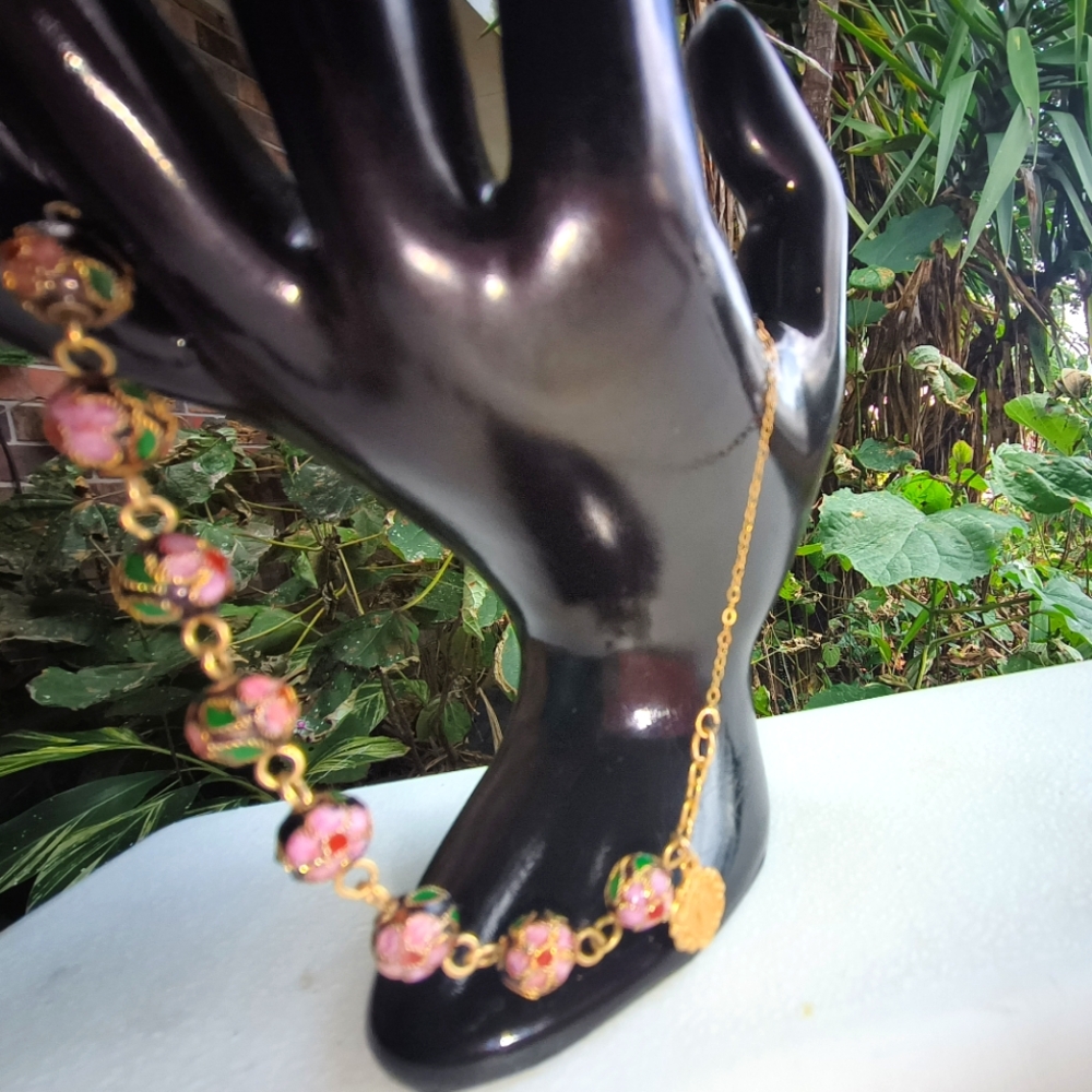 Vintage Floral Champleve Cloisonne Enamel Rosaey Bead Bracelet
